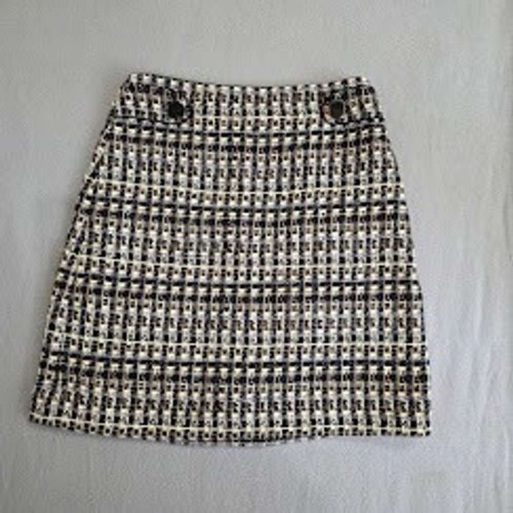 Ann Taylor Petite Tweed Mini Skirt Black Cream Plaid Button Detail Size 0P NEW